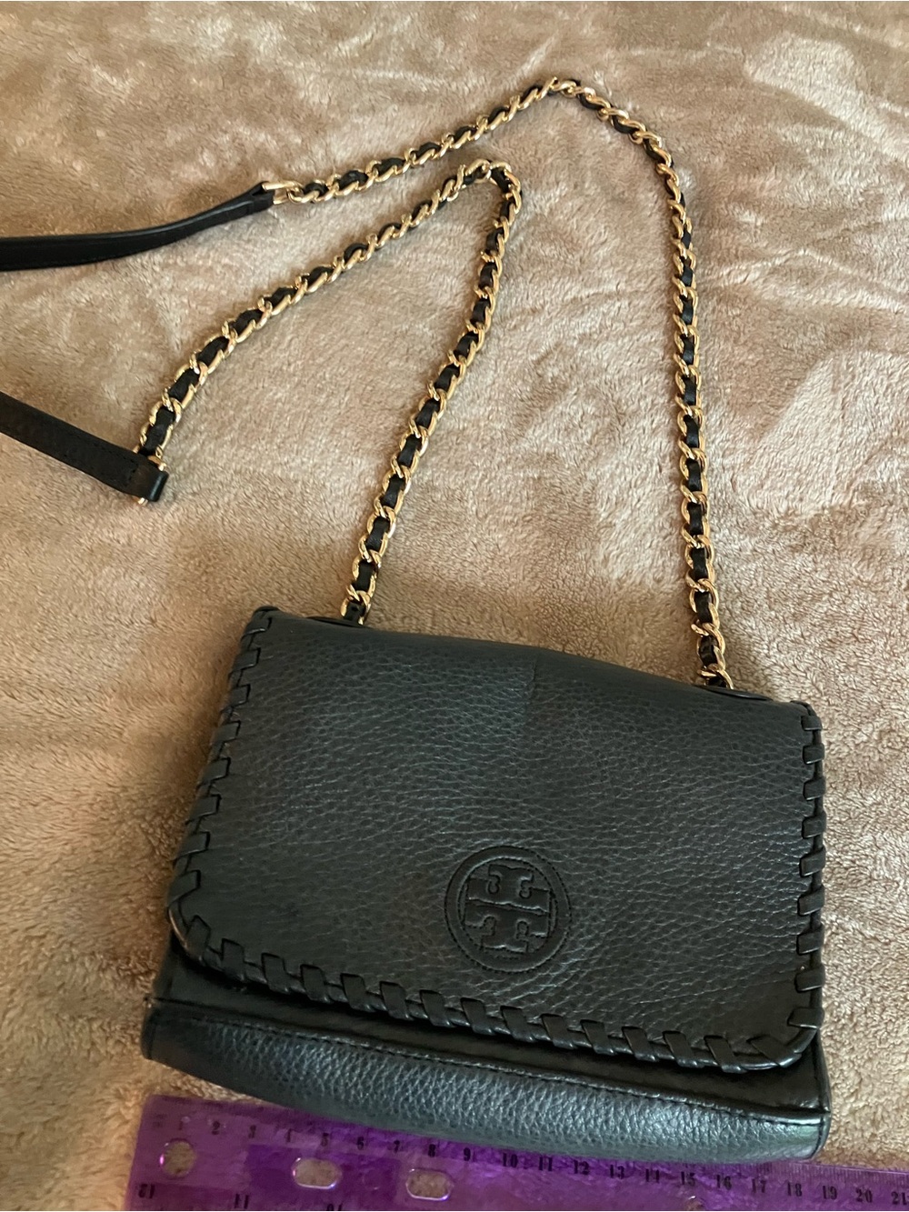 Black Leather Crossbody with Gold Chain